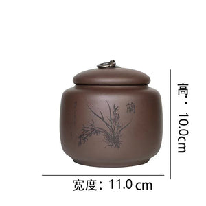 宜興紫砂銅釦四君茶葉罐4兩小罐-紫泥蘭花