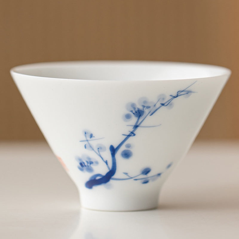 EV249 清康煕 染付蛍手煎茶碗・青花玲瓏四君子紋茶杯 二客