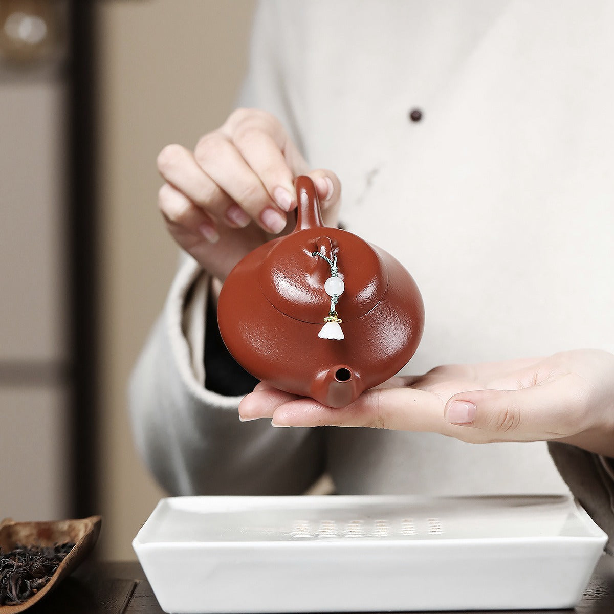 宜興紫砂壺小煤窯朱泥漢棠石瓢壺 120CC