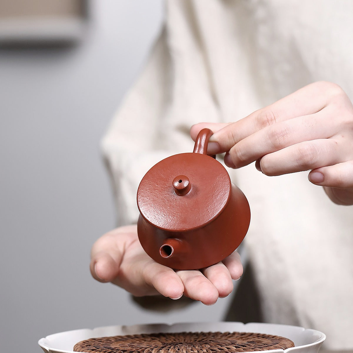 宜興紫砂壺朱泥迷你小品雲柱壺50cc