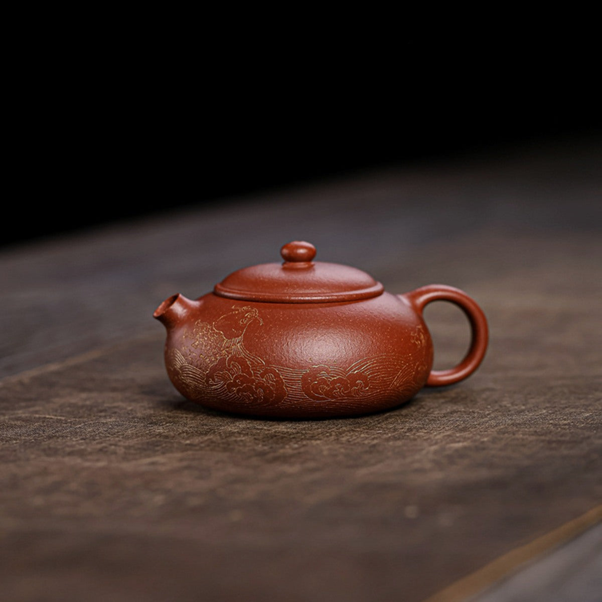 宜興紫砂壺紅降坡泥扁西施壺120CC手工科繪描金工藝