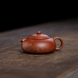 宜興紫砂壺紅降坡泥扁西施壺120CC手工科繪描金工藝