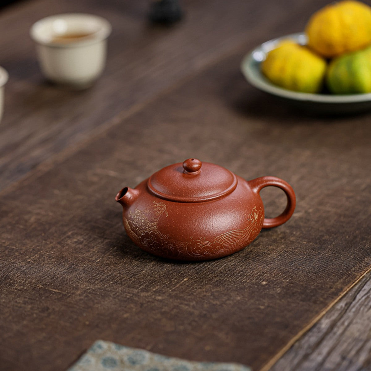 宜興紫砂壺紅降坡泥扁西施壺120CC手工科繪描金工藝