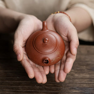 宜興紫砂壺紅降坡泥扁西施壺120CC手工科繪描金工藝魚躍龍門