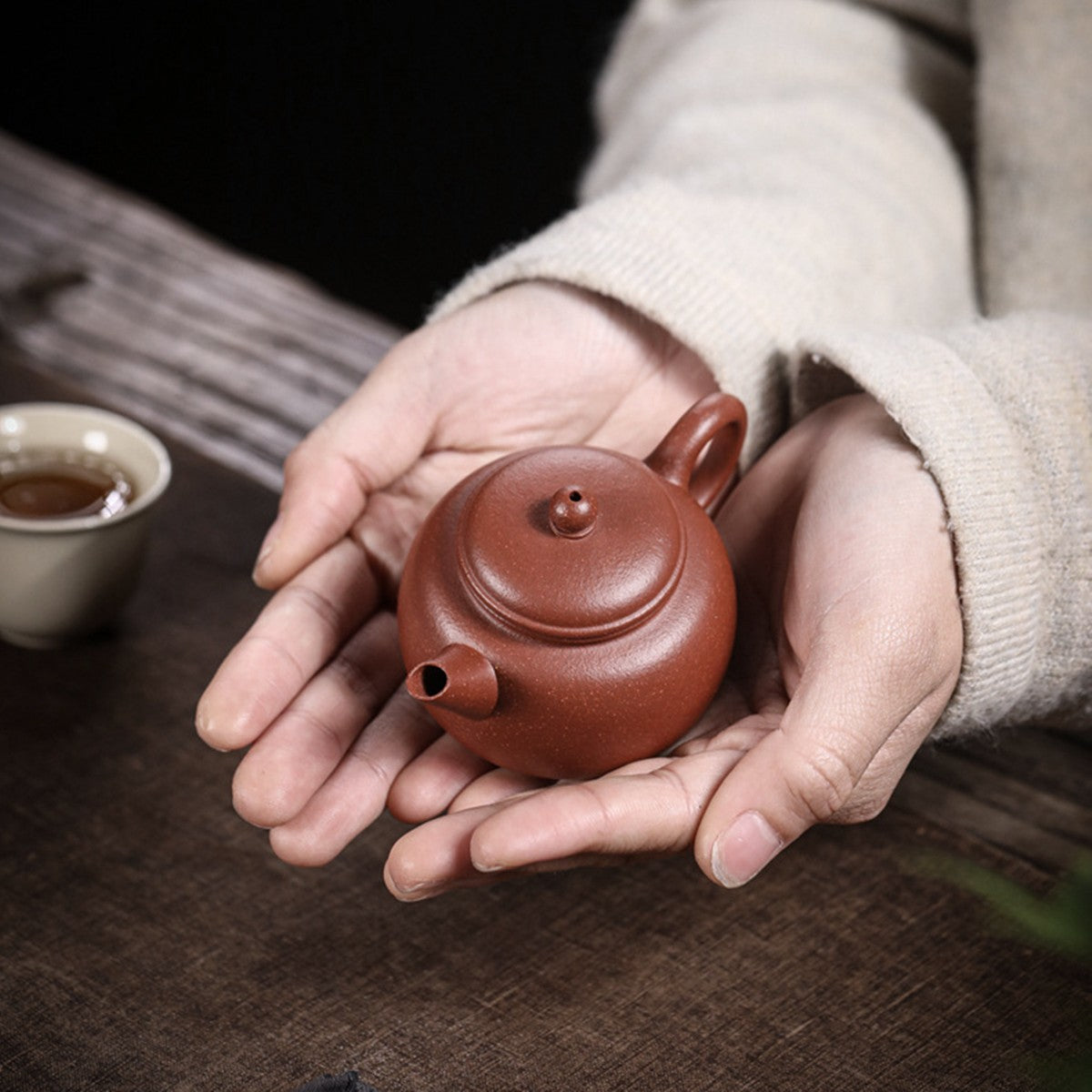 宜興紫砂壺紅降坡泥匏尊水平壺110CC