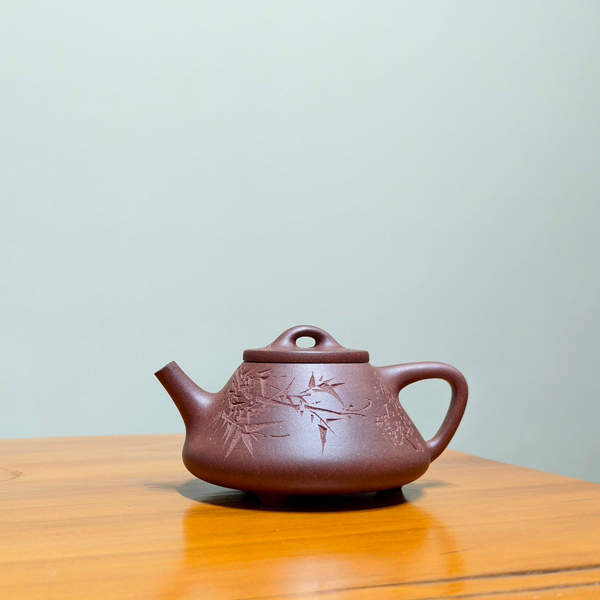 宜興全手工紫砂壺紫泥子冶石瓢壺150CC竹子刻繪款