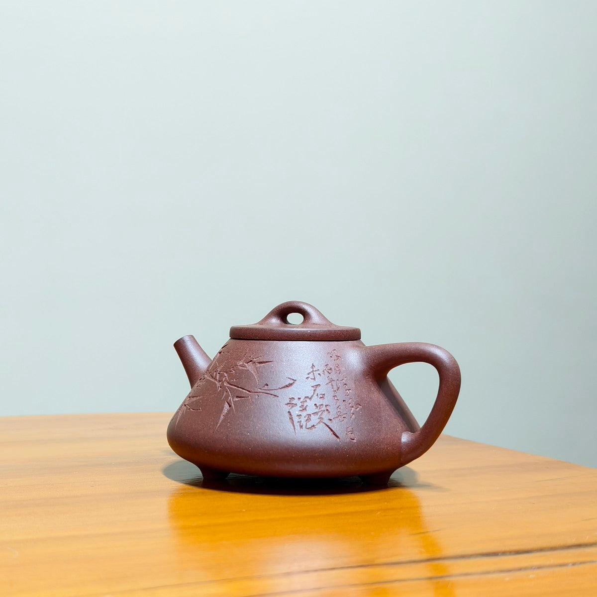 宜興全手工紫砂壺紫泥子冶石瓢壺150CC竹子刻繪款