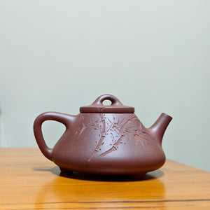 宜興全手工紫砂壺原礦紫泥子冶石瓢壺竹子刻繪側面圖
