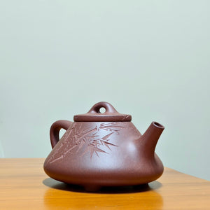 宜興全手工紫砂壺原礦紫泥子冶石瓢壺220CC竹子刻繪