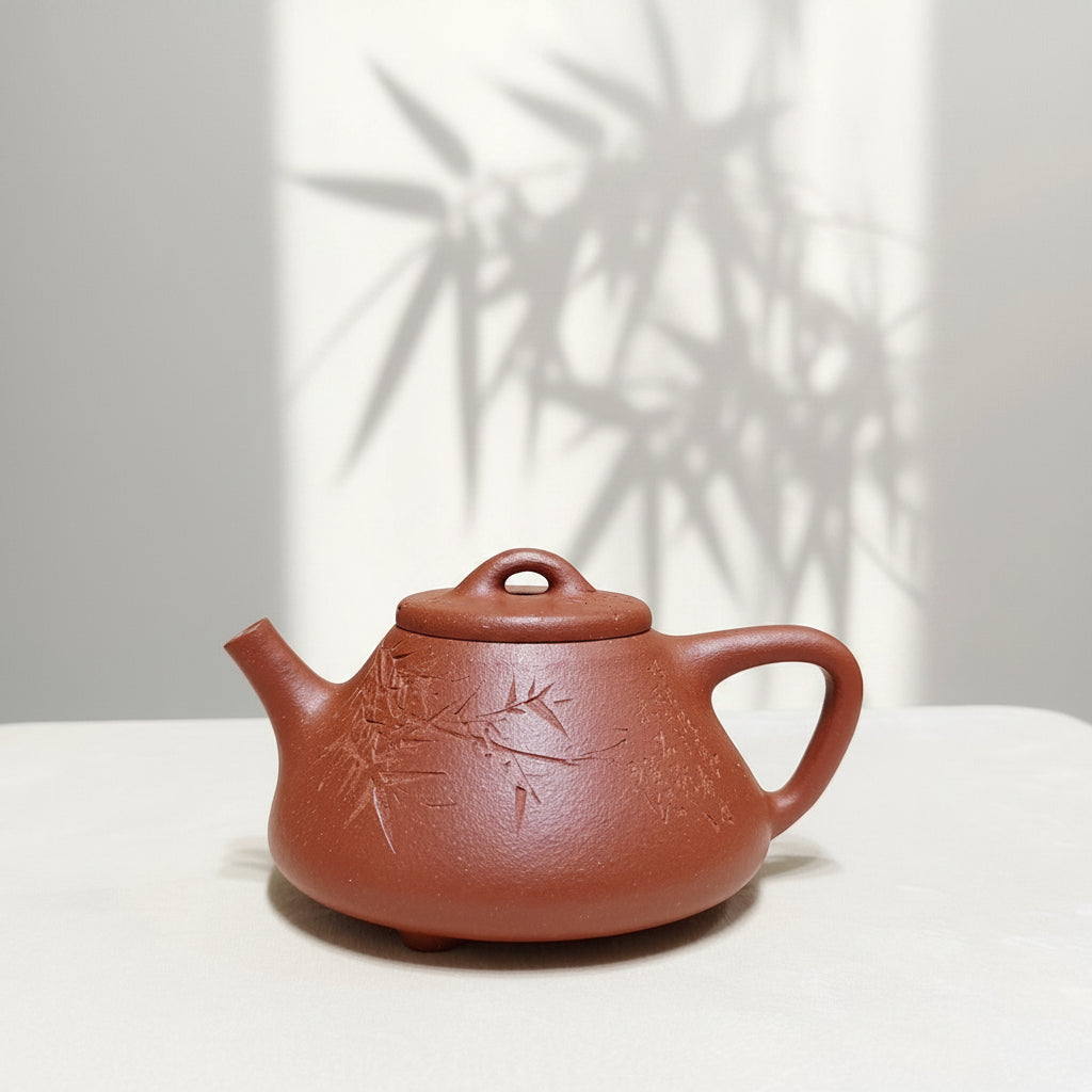 宜興紫砂壺全手工紅降坡泥子冶石瓢壺190cc手刻竹子 
