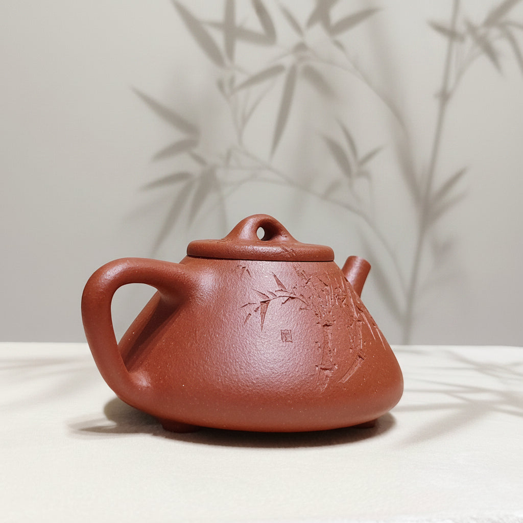 宜興紫砂壺全手工紅降坡泥子冶石瓢壺190cc手刻竹子 
