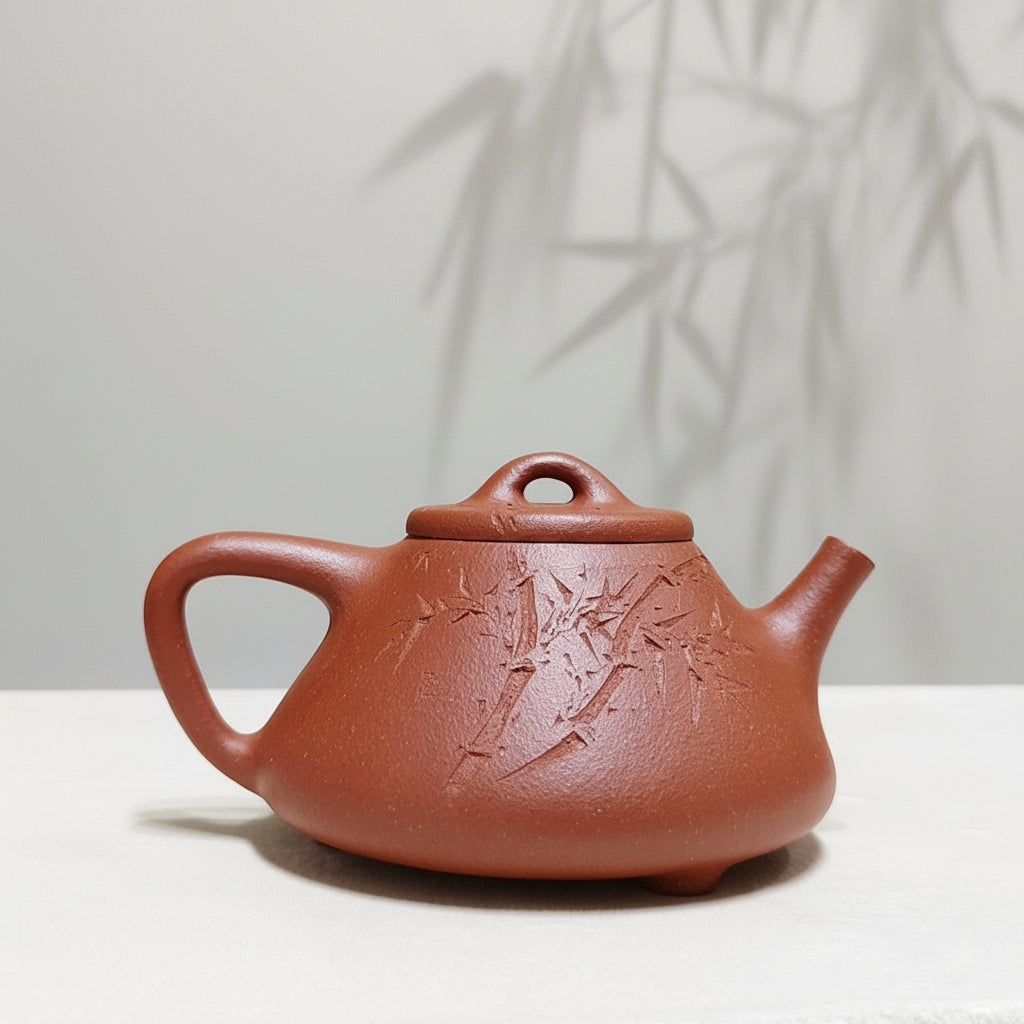 宜興紫砂壺全手工紅降坡泥子冶石瓢壺190cc手刻竹子 