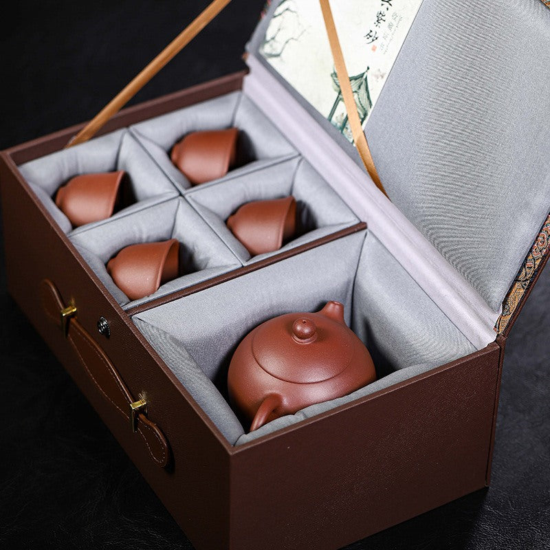 宜興紫砂壺紫泥西施一壺四杯茶具禮盒套裝