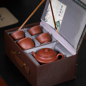 紫泥虛扁一壺四杯茶具禮盒套裝組