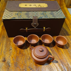 宜興紫砂紫泥德鐘一壺四杯套裝禮盒
