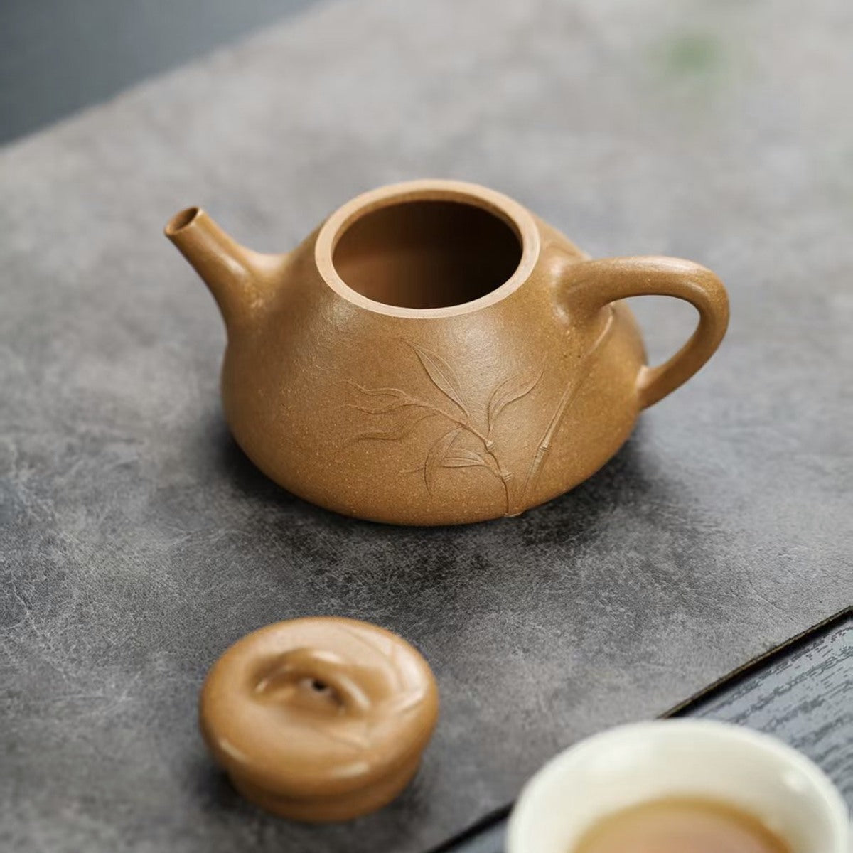 紫砂壺宜興降坡泥貼花竹子冶石瓢壺120cc