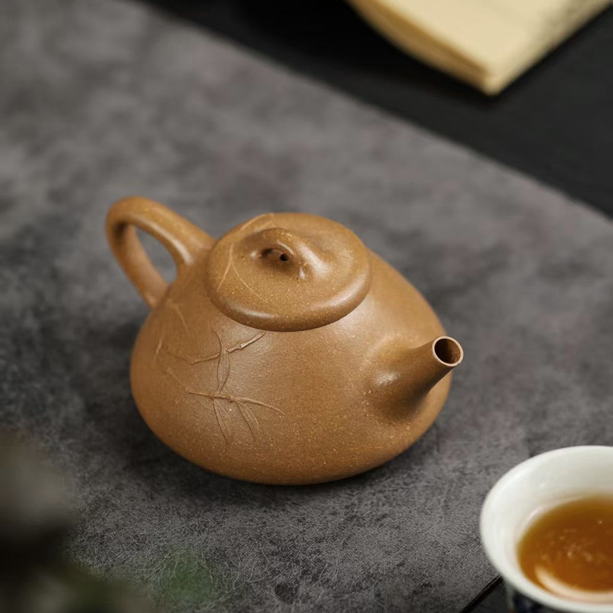 紫砂壺宜興降坡泥貼花竹子冶石瓢壺120cc