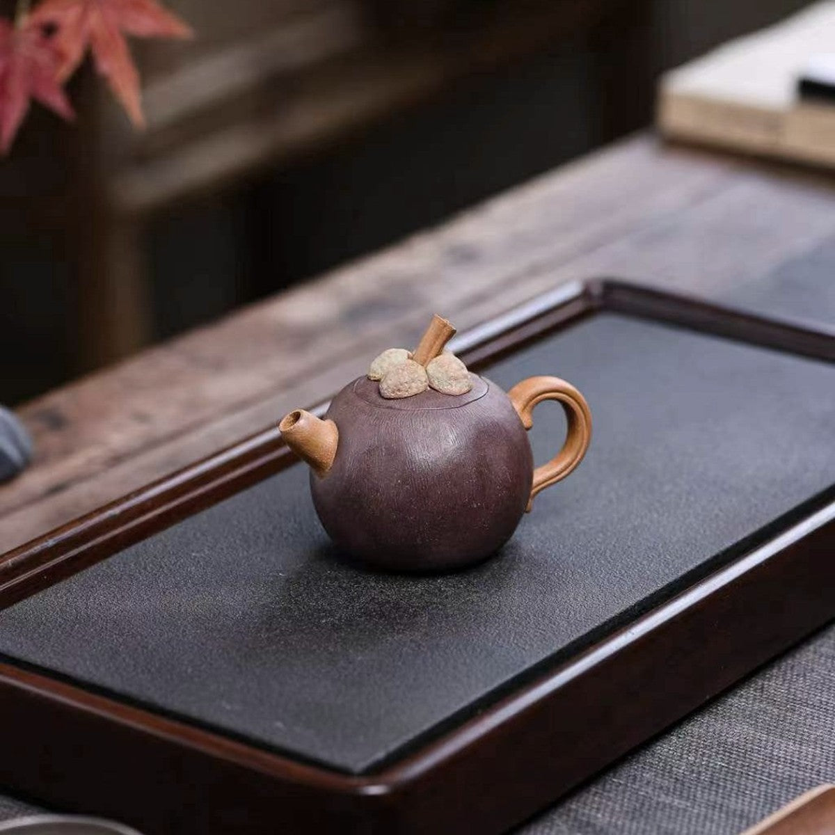 宜興紫砂壺花塑器形紫泥山竹壺120cc