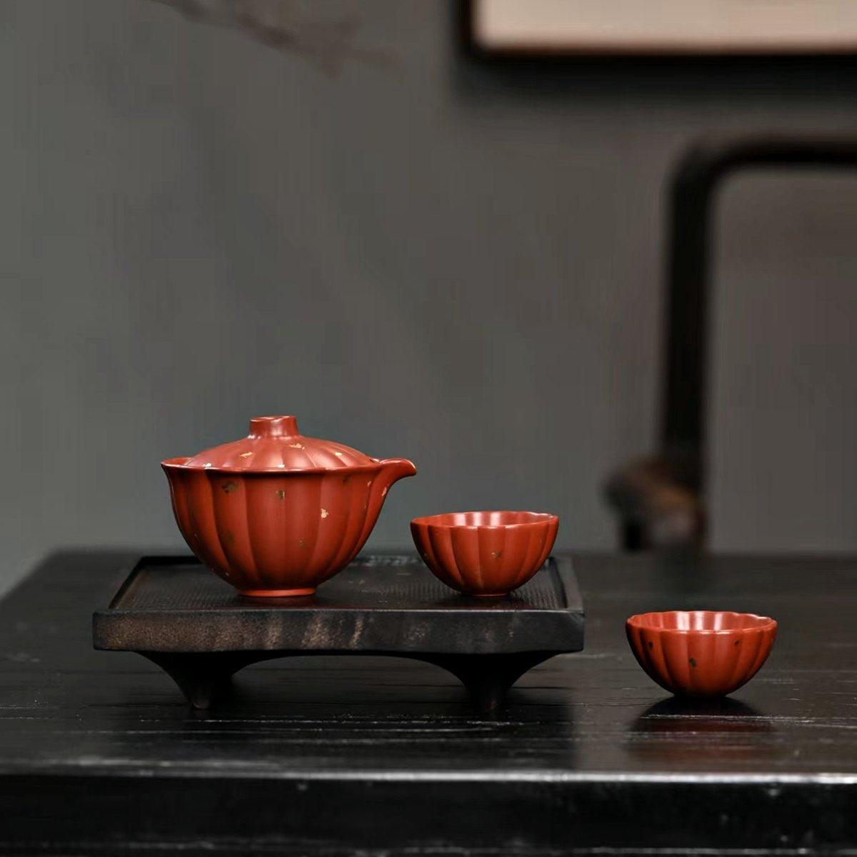 大紅袍朱泥菊瓣手抓壺一壺二杯旅行套組150cc