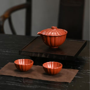 大紅袍朱泥菊瓣手抓壺一壺二杯旅行套組150cc