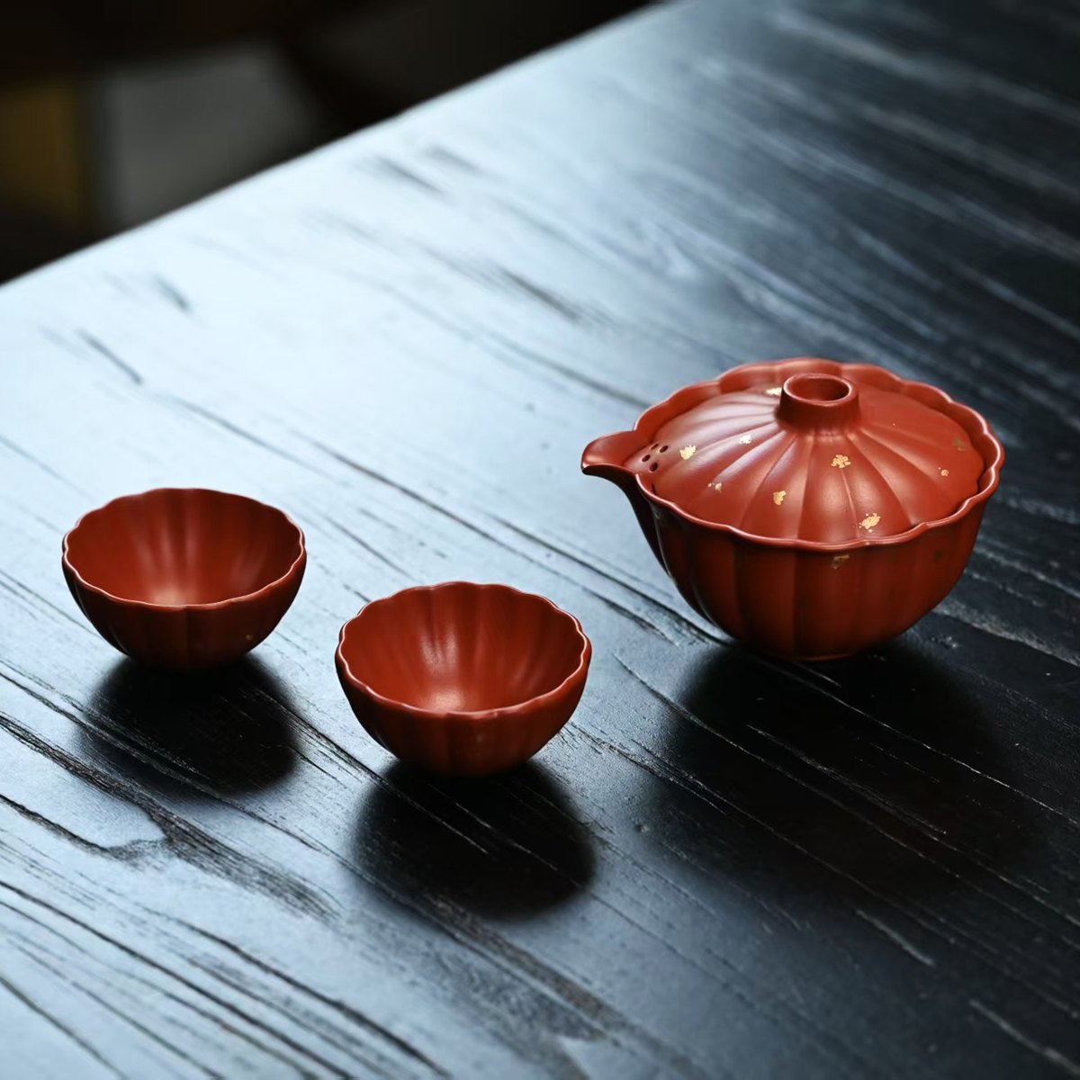 大紅袍朱泥菊瓣手抓壺一壺二杯旅行套組150cc