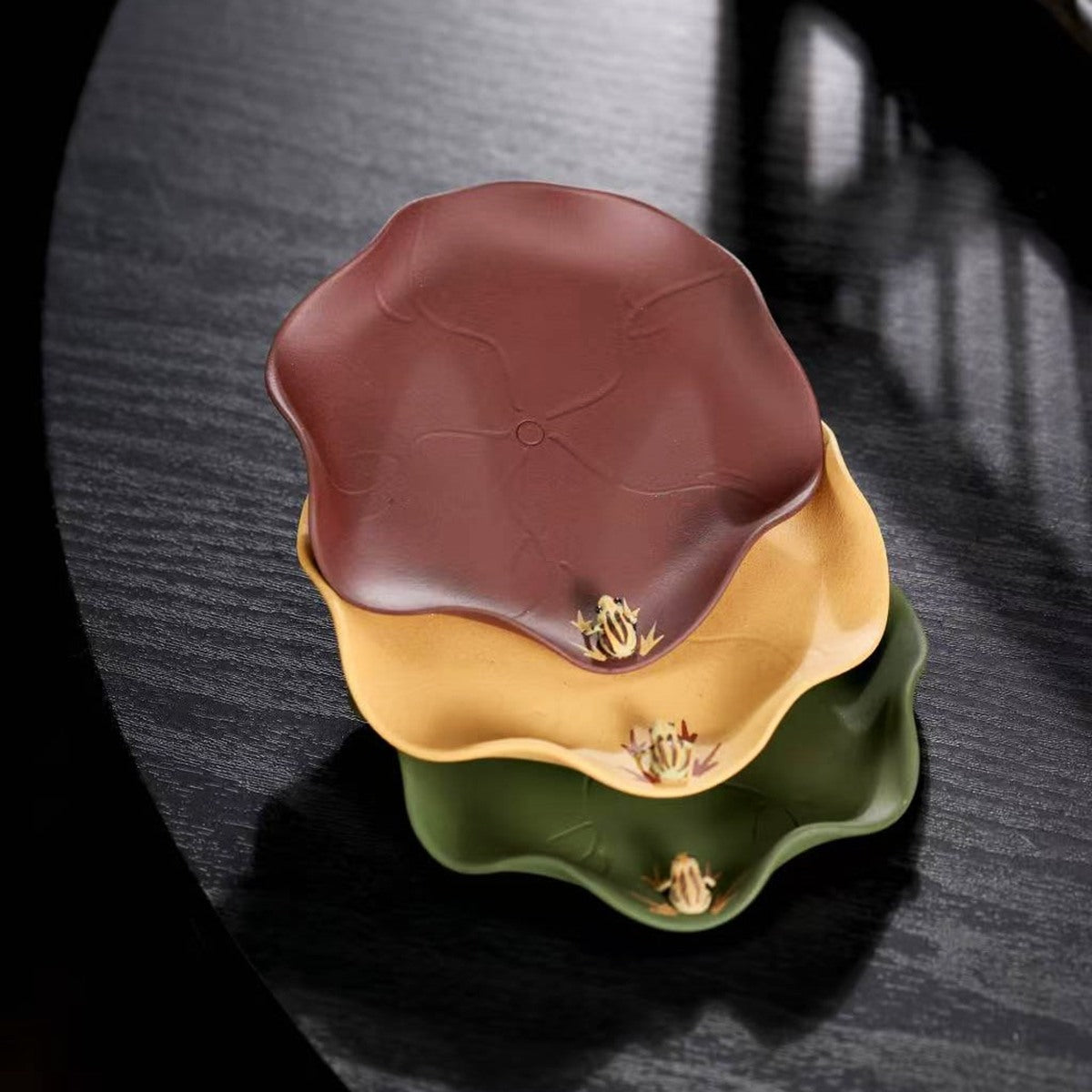 宜興紫砂茶具配件紫砂荷葉青蛙杯墊三種泥料精美手工藝品