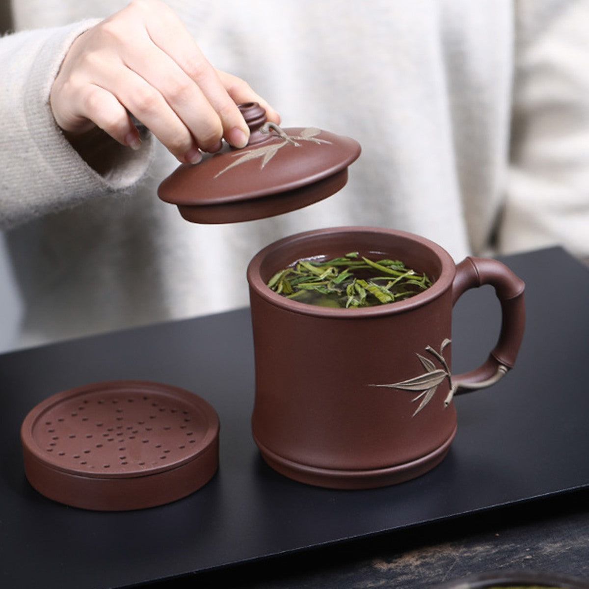 紫砂辦公杯470cc紫泥 有內膽 手工竹節竹節貼葉款五件套組