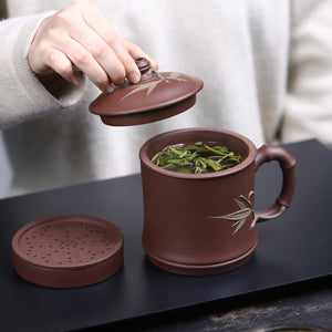 紫砂辦公杯470cc紫泥 有內膽 手工竹節竹節貼葉款五件套組