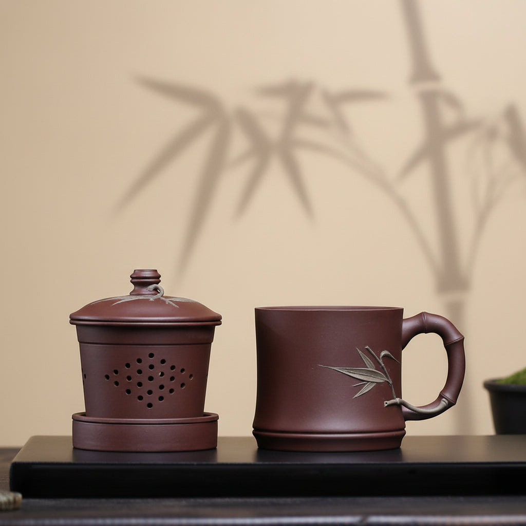 紫砂辦公杯470cc紫泥 有內膽 手工竹節竹節貼葉款五件套組