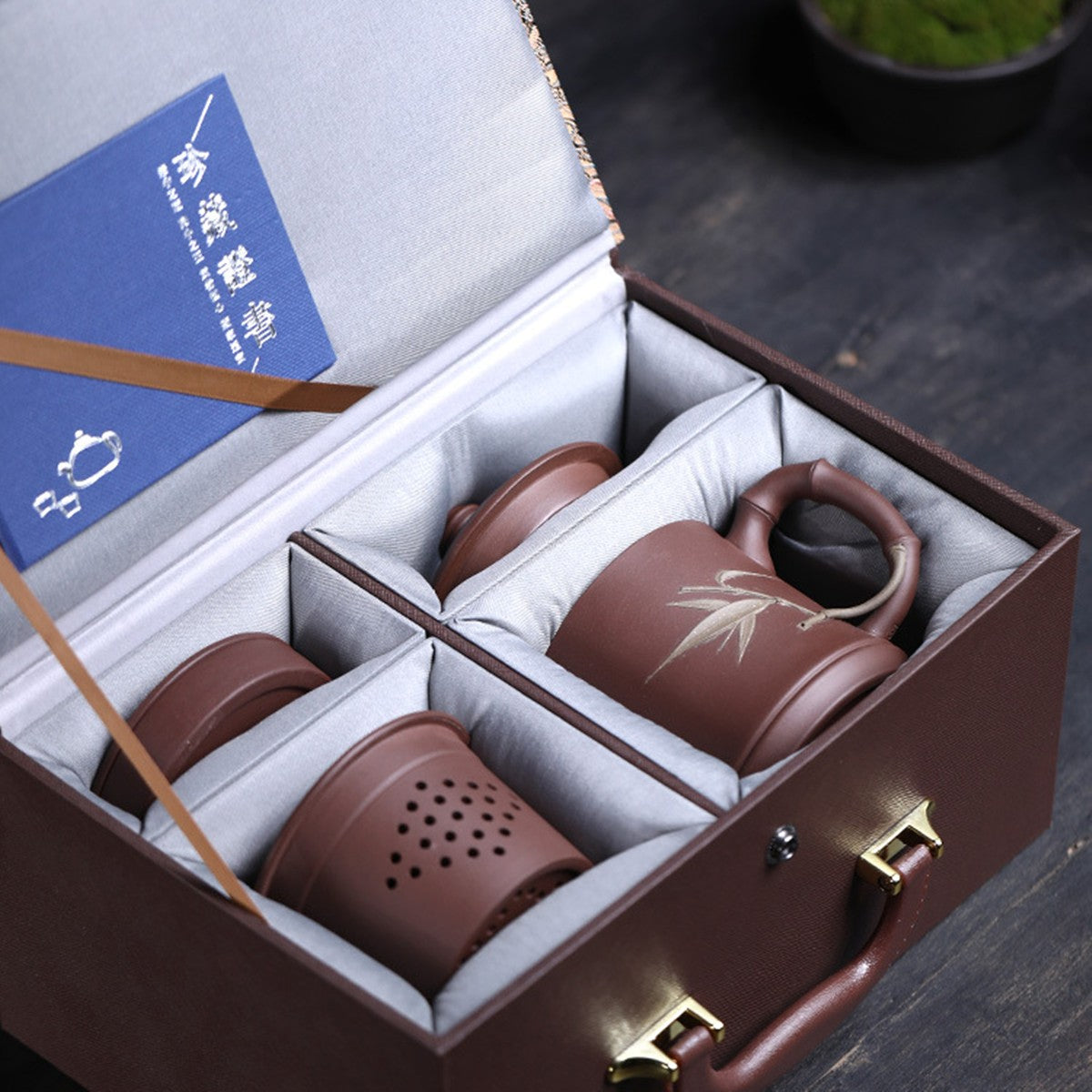 紫砂辦公杯470cc紫泥 有內膽 手工竹節竹節貼葉款五件套組精美禮盒
