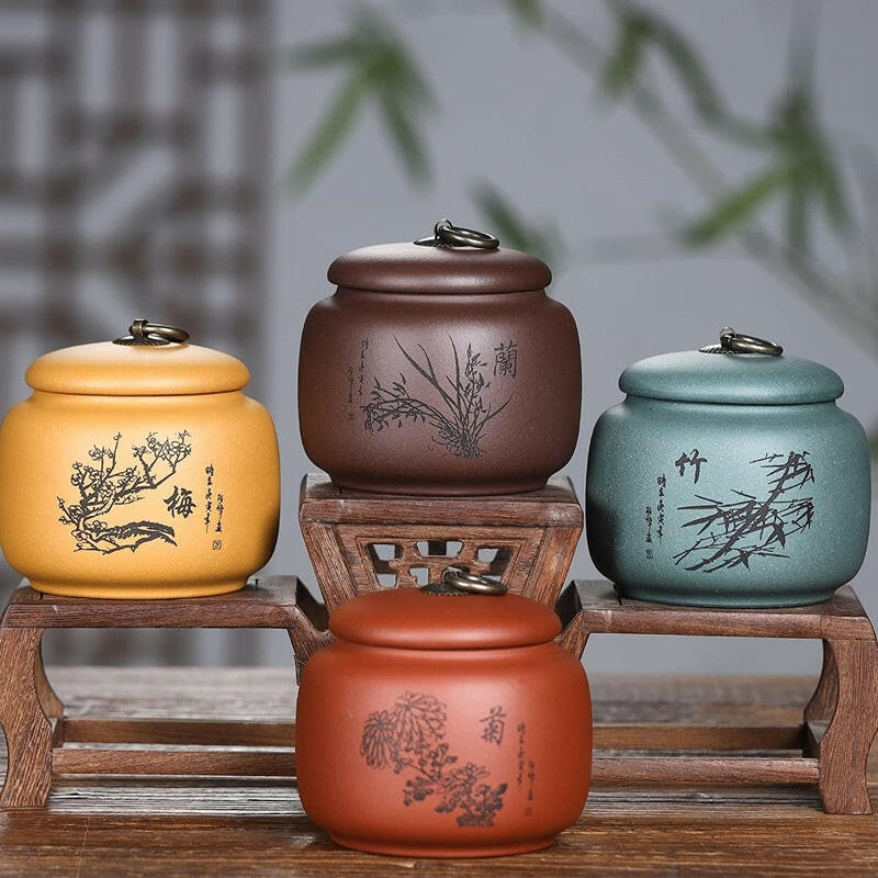 宜興紫砂銅釦四君子梅蘭菊竹小茶罐