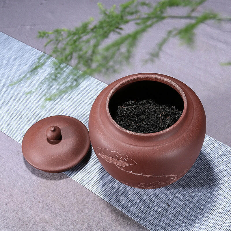 復古雕刻荷花茶葉罐甕型-紫泥1.5斤